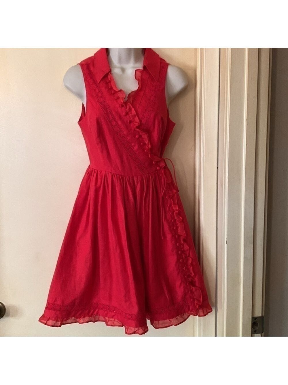 Joslin red linen wraparound dress size 2